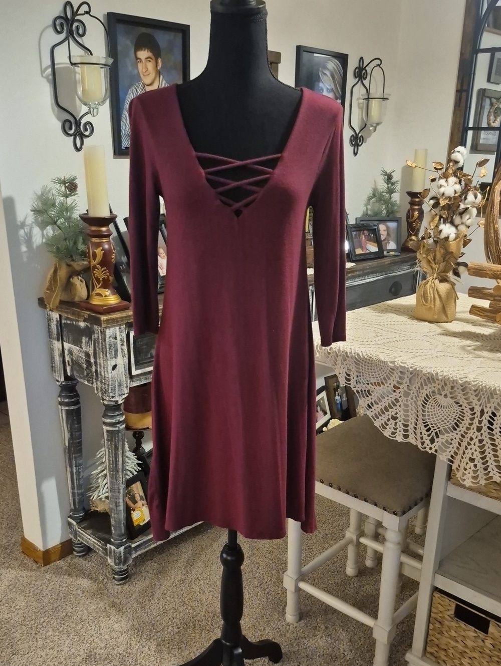 living doll Crisscross V-Neck Long Sleeve Swing Dress - Burgundy